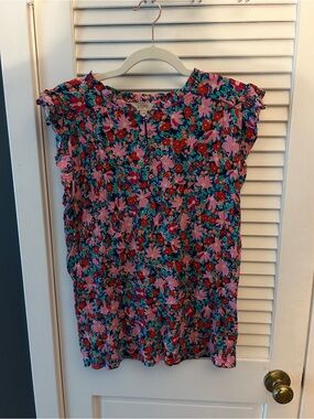 LOFT Multicolor Floral Ruffle Cap-Sleeve Blouse